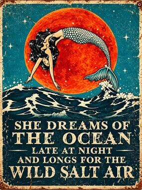 Vintage Tin Sign Mermaid She Dreams of The Ocean Mermaid Mermaid Lover 12x8 Inch